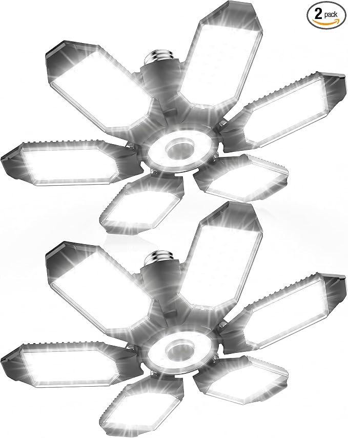 LED Garage Lights, 100W 10000LM Super Bright Light Bulb for Garage Ceiling Lights, 6 Deformable Panels LED Shop Lights for Garage, 6500K Daylight Screw in E26/E27 Garage Lighting-2 Pack