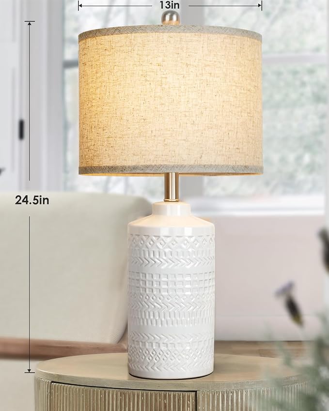 JUNNAI White Ceramic Table Lamp with Beige Shade: 3-Way Dimmable Night Stand Light Lamp 24.5" Modern Table Lamps for Living Room Bedroom End Table Office Entryway Lamps (Bulb Included