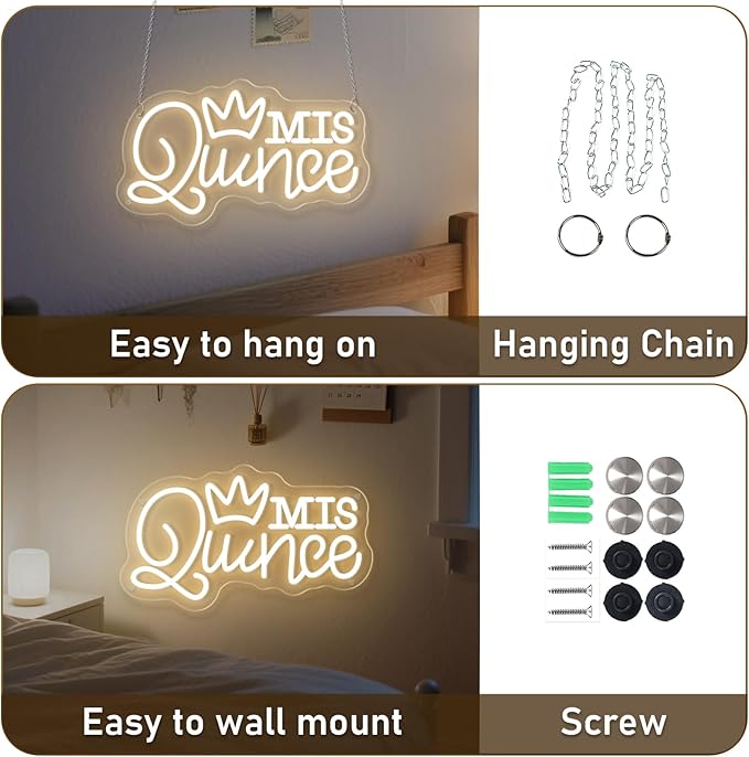 Mis Quince Neon Sign for Wall Decor Dimmable LED Sign Neon Lights for Bedroom Light Decoration for Birthday Party Room Decoration Gift for Girl Kid Lover 40CM*23CM Warm White