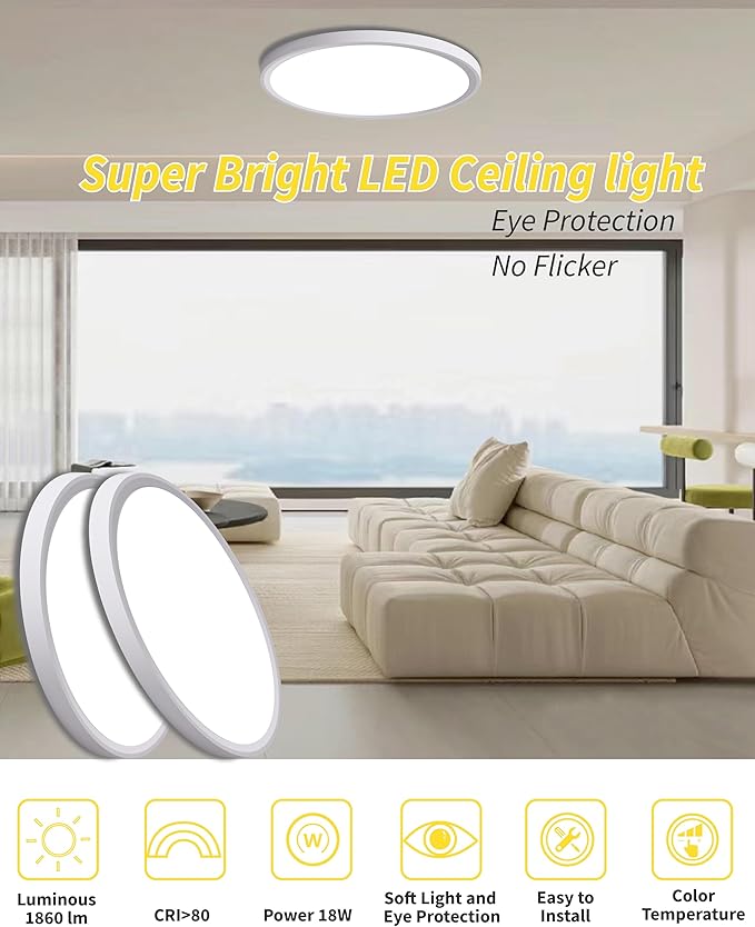 LED Flush Mount Ceiling Light Fixture,Round 9 Inch 18w 1860lm 3000k,4000k,6000k CCT Selectable, Modern Flat Panel Super Slim Led Ceiling Light,for Living Dining Kitchen Bedroom Room (8Pack-White)