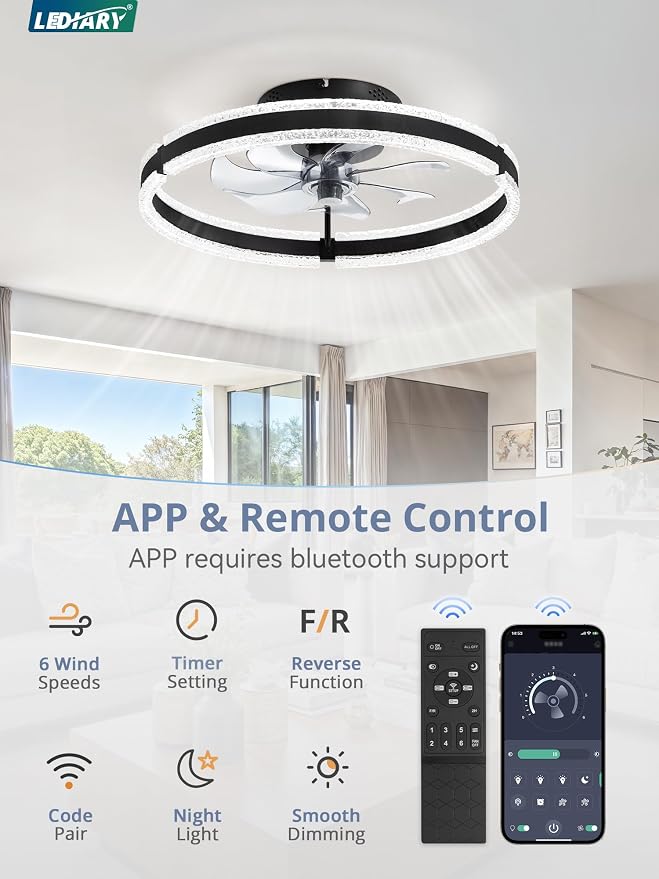 LEDIARY 20'' Low Profile Ceiling Fans with Lights and Remote, Black, 2 Pack | 3000-6000K Dimmable LED, 6 Wind Speeds, Quiet Reversible DC Motor, Small Flush Mount Fandelier for Bedroom, Living Room