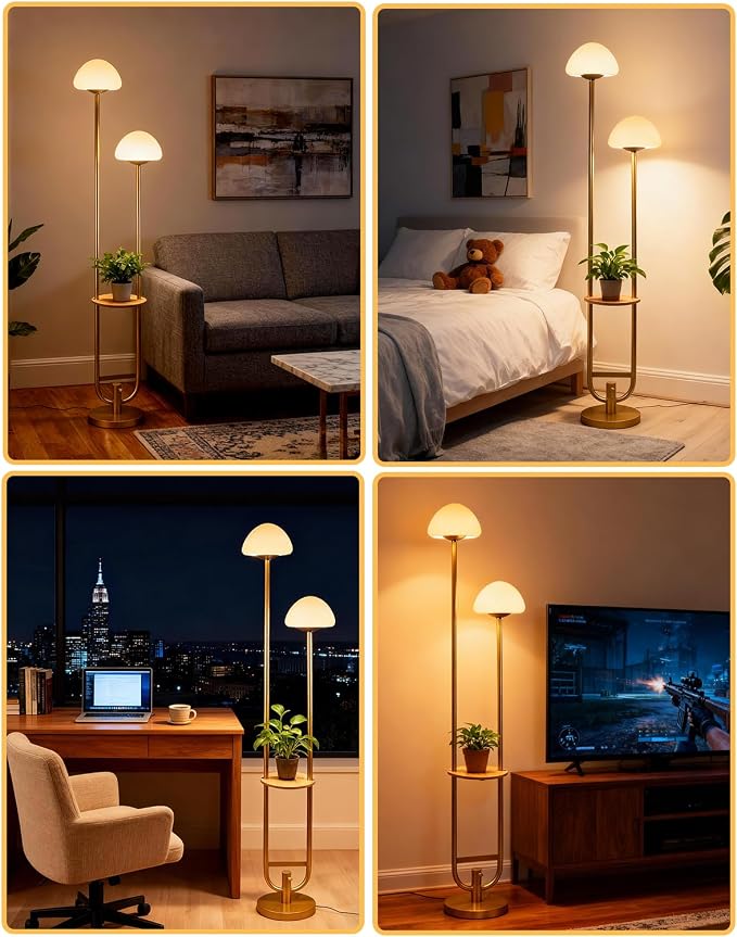 Lightdot 63IN Gold Dimmable Floor Lamp with Table Modern Mid Century Standing Lamps with Bulbs Included Unique Vintage Tall Floor Lamp with 5Lbs Heavy Base for Living Room/Sofa Beside/Corner Decor