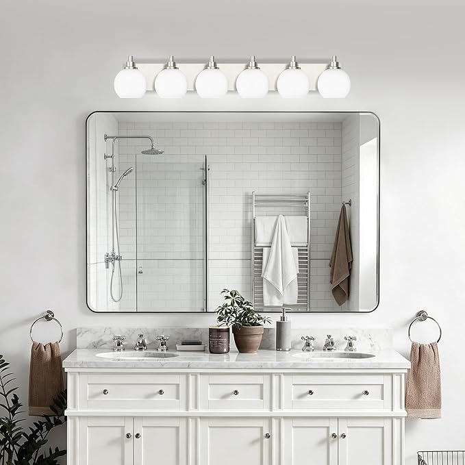 IZORRO Bathroom Light Fixtures, 6-Light Brushed Nickel Vanity Light, Modern Wall Sconces with Globe Milk White Glass Shade, Vanity Lighting Fixtures Over Mirror,E26 Bulb Socket
