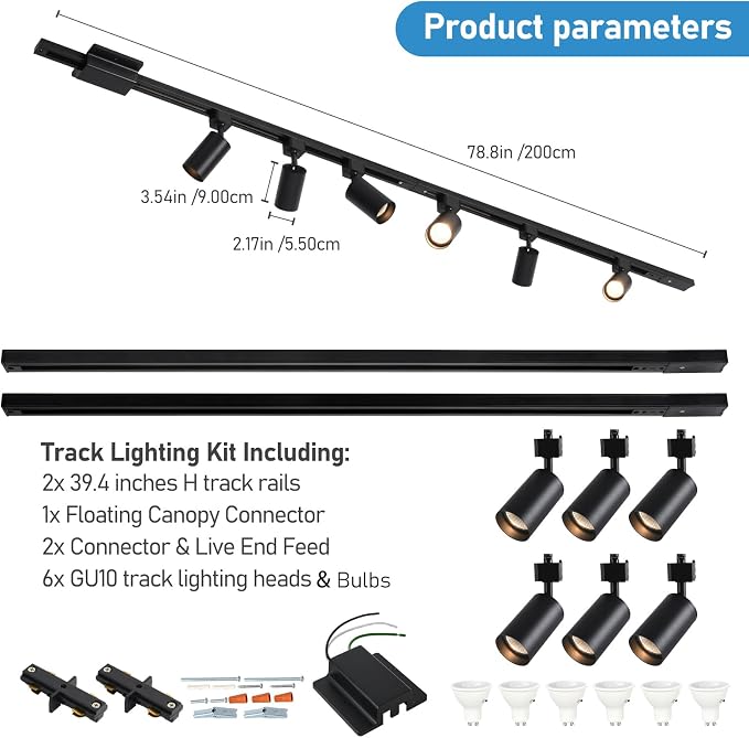 3-Color 6-Light LED Track Lighting Kit with 6.6FT H Track Lighting Rails & Canopy Connector, GU10 Dimmable Track Light Kit, Modern Kitchen Track Lighting Fixtures Ceiling Spot Light, Black