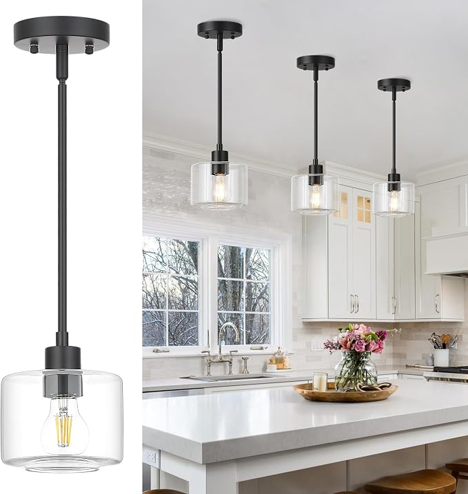 Black Pendant Lights Kitchen Island, 1-Light Modern Clear Glass Hanging Light Fixtures with Rods, Mini Kitchen Pendant Lighting Over Island for Sink Bathroom, OS-YQ8153-1PBKC