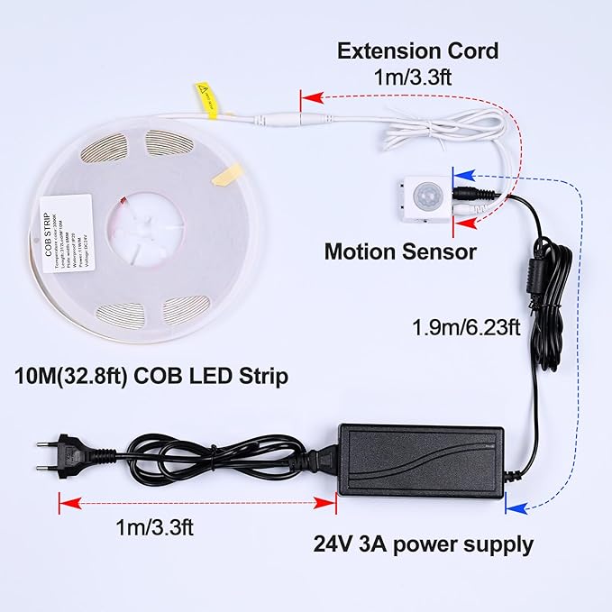 GOMING Motion Sensor COB LED Light Strip 32.8ft(10M) Warm White 3000K 3 Lighting Modes 3 Timing Off Modes 3 Brightness Modes with Power Adapter for Kitchen Cabinets Stair Showcase Bedroom Bed