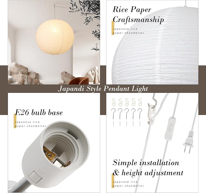 23.6in Paper Lanterns Plug in Hanging Lamp White, 19.7FT Cord | Rice Paper Lamp Lantern Pendant Light Large Globe Japanese Japandi Wabi Sabi Chandelier for Dining Living Room Bedroom 2 Pack