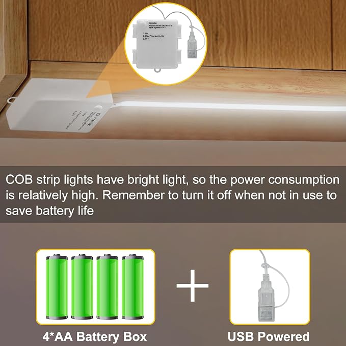 Battery Operated COB LED Strip Lights 6.6Ft 640 LED Dimmable Light Strip | Cuttable Flexible LED Tape Light for TV Cabinet Bedroom Kitchen Home Decoration DIY Lighting (Cool White 6000k)
