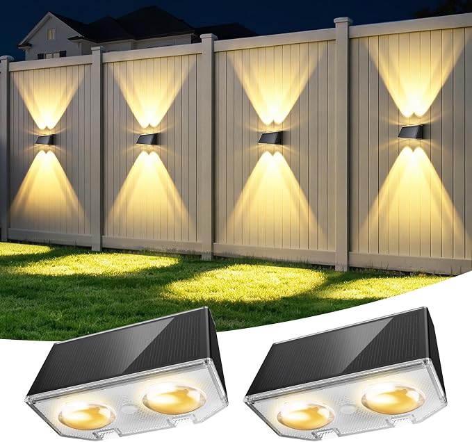 LANSOW Solar Fence Lights Outdoor 2 Pack, Fence Lights Solar Powered Waterproof, 10-Mode Warm/Cool/Neutral White & RGB, Up-Down Led Wall Lights Dusk to Dawn Decor for Yard, Deck, Patio, Pool, Railing