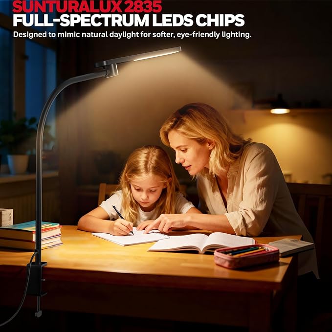 Honeywell HJ2 Gooseneck LED Desk Lamp with Clamp, CRI≥97 Full Spectrum Eye-Caring Light, 16" Flexible Metal Arm, 3-Color Dimming with Magnetic Remote for Home Office, Artists, Reading (Black)