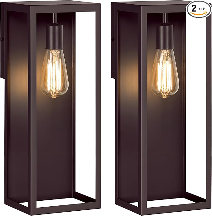 2-Pack Outdoor Wall Lanterns, 16” Exterior Waterproof Outdoor Light, Brown | Porch Lights Wall Mounted with Glass Shades, Anti-Rust E26 Modern Lighting Fixtures for Patio Garage Entryway Front Door