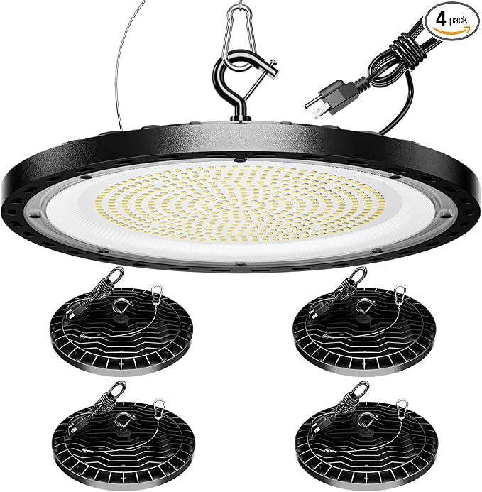 4 Pack 200W UFO LED High Bay Light, 29500lm 5000K Shop Lights for Warehouse, 5' Cable with Plug AC110-277V, Waterproof Commercial Lights for Barn Workshop Garage Factory Warehouse Gym ETL Listed