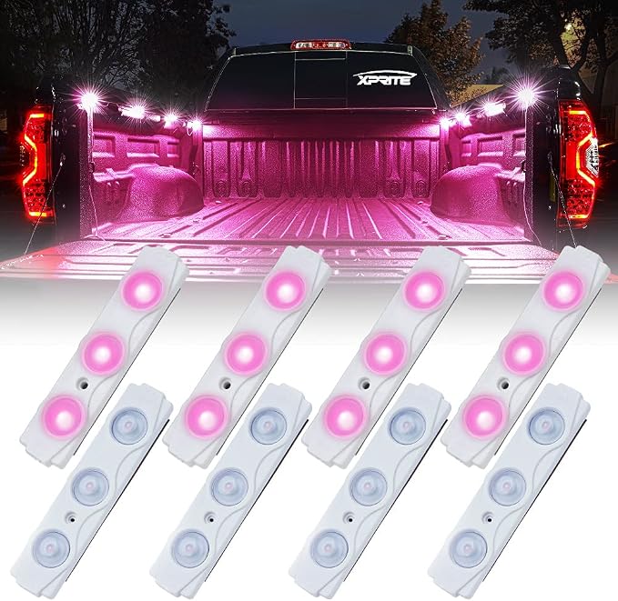 Xprite Pink LED Truck Bed Light Kits with On/Off Switch, for Pickup Exterior Interior Rock Neon Lights, Footwells, Running Boards, Cargo, Underglow, Tonneau Cover, Rail Lighting - 8 PCs