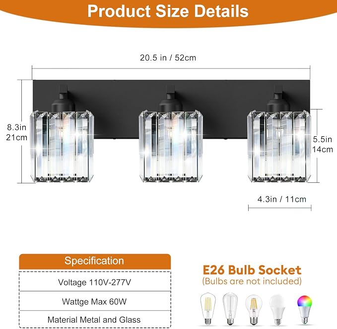 Black Crystal Bathroom Vanity Light, 3-Light Modern Bathroom Lighting Fixtures Over Mirror, Matte Black Wall Sconce Light Fixtures with Square Shade