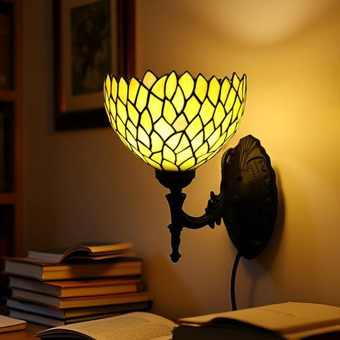Tiffany Sconce Lamp Stained Glass Wall Lamp,8X10.5X11 Inch Plug in Wall Bedside Light for Hallway Bedroom (Yellow Wisteria)