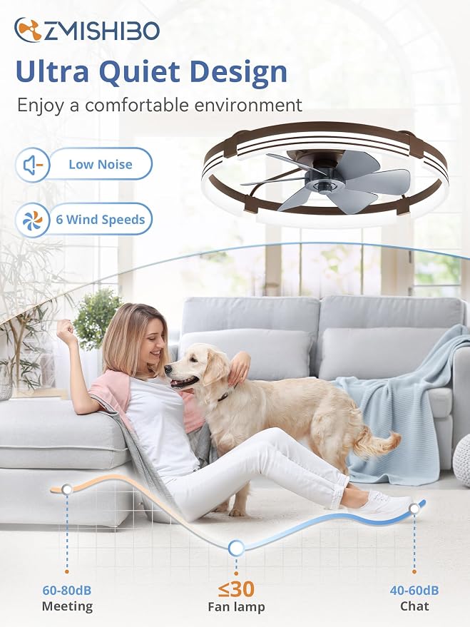 ZMISHIBO Low Profile Ceiling Fans with Lights and Remote, 24" Brown | 3000K-6000K Dimmable Fandelier LED, Flush Mount, 6 Wind Speeds, Reversible, Timer, Bedroom, Living Room, Kitchen, Kids Room
