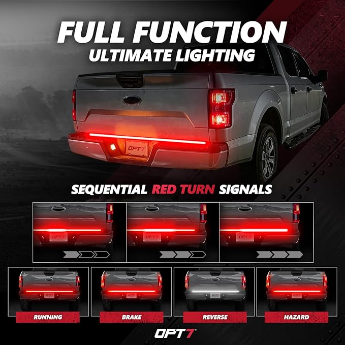 OPT7 Redline 60" Aluminum Truck Tailgate Light Bar w/Sequential Red Turn - Weatherproof Rigid 1-Piece Triple Row LED Strip - Dynamic Taillight w/White Reverse - Fits F150, Silverado, Sierra, Ram