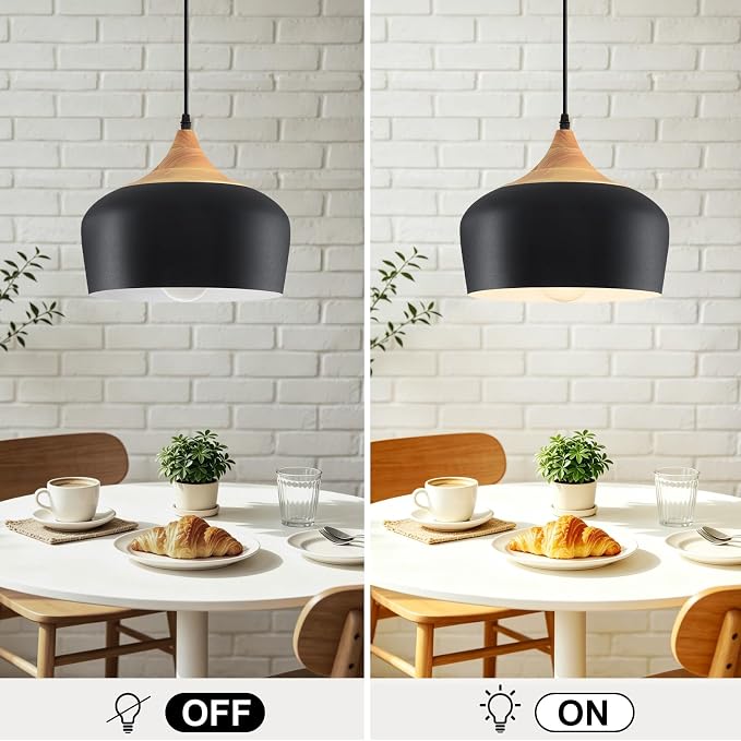 11.8" Industrial Pendant Light, Oak Wood & Metal Drum Shade