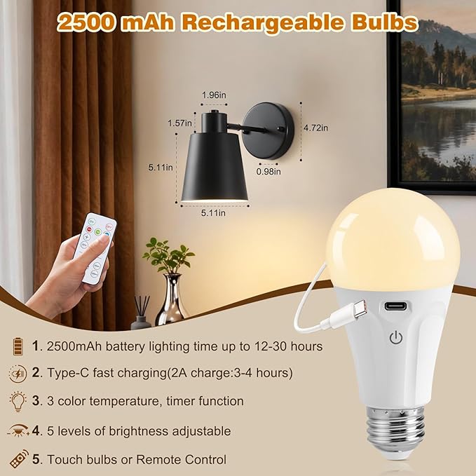 Black Battery Operated Wall Sconces Set of Two with Remote, Rechargeable Battery Powered Wall Lights, 3 Color Temperature, Dimmable, Modern Wireless Wall Lamps for Bedroom Living Room Hallway