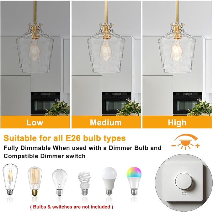foucasal Modern Hammered Glass Pendant Lighting for Kitchen Island, Adjustable Height Rods Hanging Light with Ceramic E26 Light Socket for Dining Room Foyer Bedroom Bathroom Gold