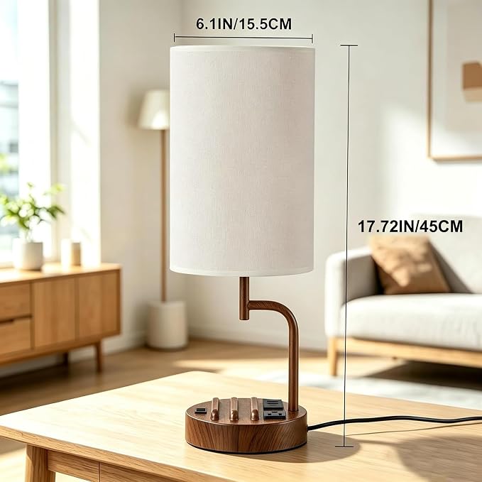 Dreamholder 2 Pack Table Lamp, Bedside Lamp with 3 USB Charging Ports & AC Outlet, USB Desk Lamp with 2 Phone Holders, Linen Fabric Shade Nightstand Lamps for Bedroom Living Room Office, Walnut