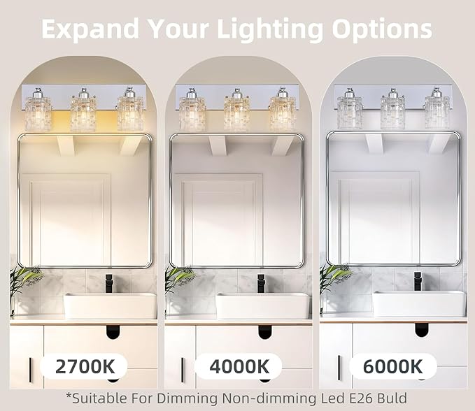 3-Light Crystal Vanity Light for Bathroom, Chrome Over Mirror Light Fixture, Modern Wall Mount for Living Room, Bedroom, Hallway