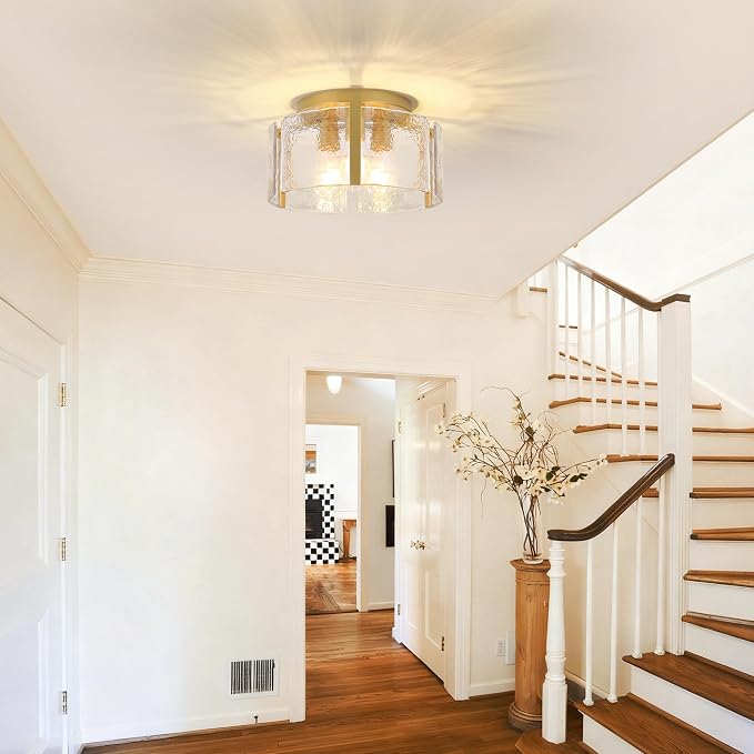 15" Gold Semi Flush Mount Ceiling Light, 3-Light Modern Drum Glass Dining Light Fixture, Dimmable Ceiling Mount for Hallway Entryway Foyer, Kitchen Over Island, Bedroom Bathroom Laundry Room Farmhouse
