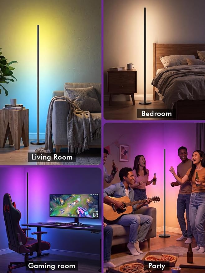 RGBICW Corner Floor Lamp, Smart LED Floor Lamp for Ambient Lighting with 16 Million Colors, App & Remote Control, 68 Scene Modes, Music Sync, Adjustable Warm White for Bedroom Living Room