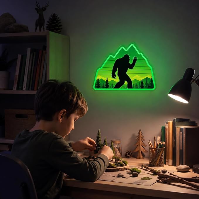 Bigfoot Neon Sign Green LED Sasquatch Neon Sign Forest Nature Room Decor | UV-Printed Sasquatch Neon Sign Dimmable Green Neon Light with Mountain Wilderness Design for Game Room Man Cave Bedroom Cabin