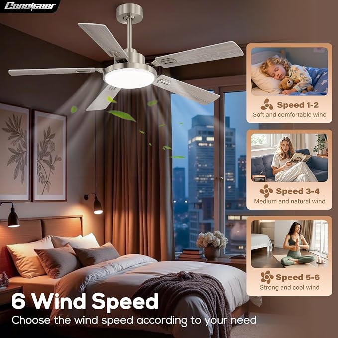 Conciseer 52 Inch Ceiling Fans with Lights and Remote for Bedroom Living Room Kitchen Office, Indoor/Outdoor Use, 6CCT Dimmable, 5 Blades, 6 Speed Reversible Quiet DC Motor, Sand-nickel/Wood Grain