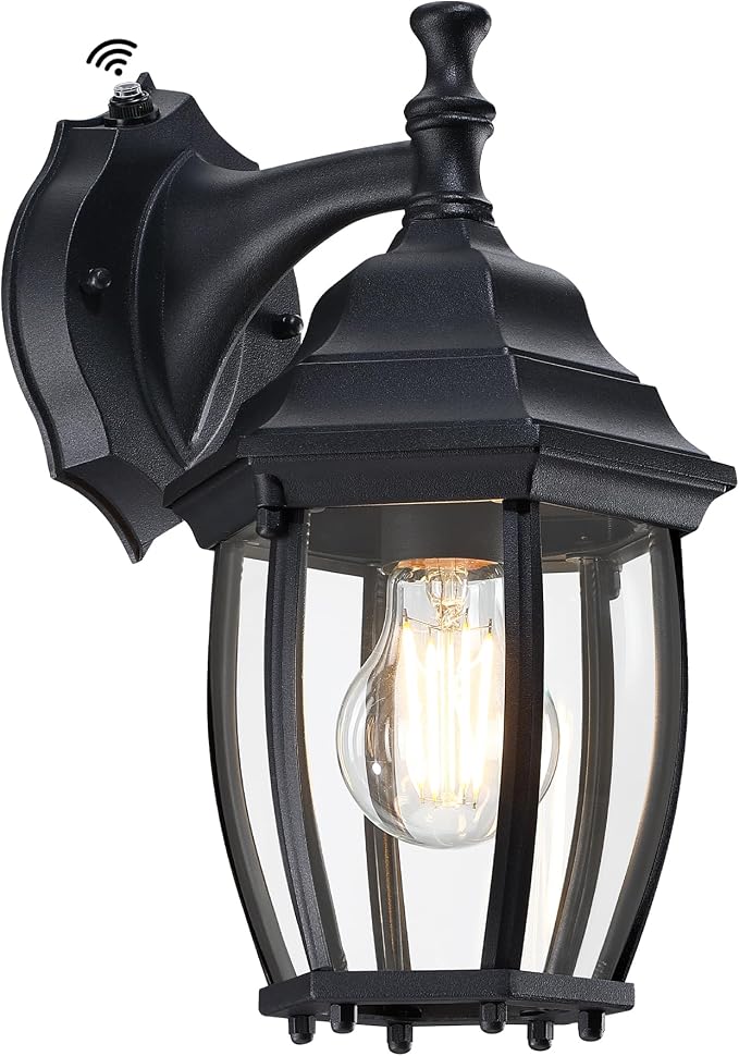 Outdoor Wall Light Fixture, Rustproof Aluminum, Glass | Dusk to Dawn Large Exterior Porch Light Wall Sconce Lantern for House, Patio, Garage, Waterproof, E26 Socket 60W Max, Black