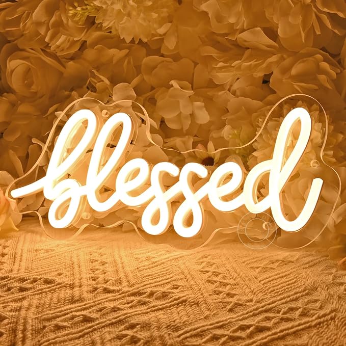 SYLHOME Blessed Led Neon Light Sign Home Bedroom Kids Room Office Wall Sign Decor Pray God Bless Wedding Sign Christmas Birthday Decoration USB 11.8"X5"