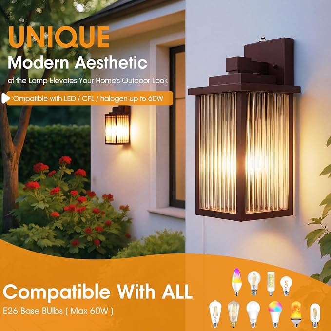 2-Pack 13" Bronze Dusk to Dawn Wall-Mounted Exterior Light Fixtures | Auto On and Off, Anti-Rust Metal Frame, Tempered Glass, E26 Socket, Easy DIY Install on Porch, Garage