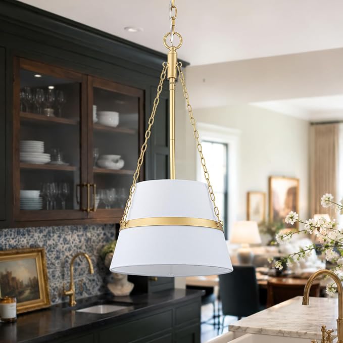 11.4" Gold Drum Pendant Light for Kitchen Island, White Linen Fabric Shade | Modern Transitional, Cone Shape, 3 Side Chains, 1-Light, Breakfast Nook, Reading Corner, Adjustable Height 11.42"W x 23.82"H