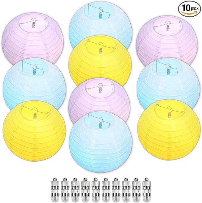 Chinese Paper Lanterns - Pack of 10, 10-Inch Blue/Purple/Yellow Hanging Lights for Birthday Party Decorations, Ceiling Decor, Rainbow Classroom, Wedding, and Home Party