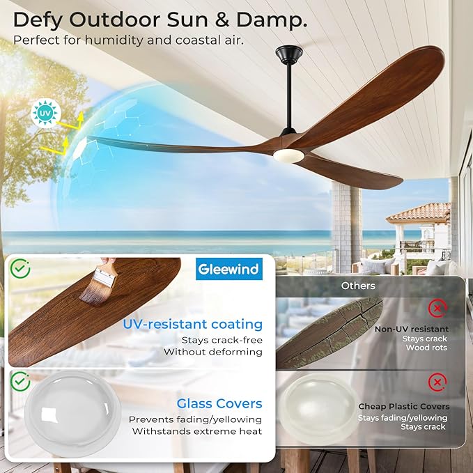 72 inch Outdoor Ceiling Fan with Lights-Glass Lamp, Large Damp Rated Wood Propeller Blades for Big Patios & Porch, Smart APP and Remote Control, 3 Blades Dimmable LED Ceiling Fans, High CFM-Walnut