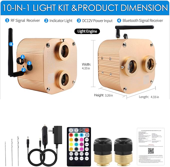 20W Twinkle Dual Head Fiber Optic Light Box for Starlight Headliner, Bluetooth App/RF Remote Control, Car Plug & Power Adapter, PG Connector & 3 Drill Bits