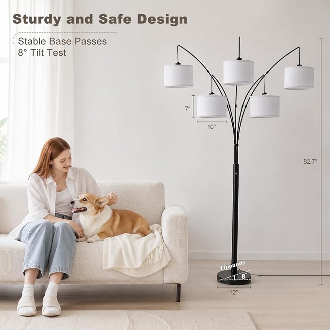 Floor Lamps for Living Room, 4000LM Super Bright Arc Floor Lamp with Remote Control, 5 Light Tall Floor Lamps with Stepless Dimmable, 80" Mid Century Tree Floor Lamp for Bedroom, Office