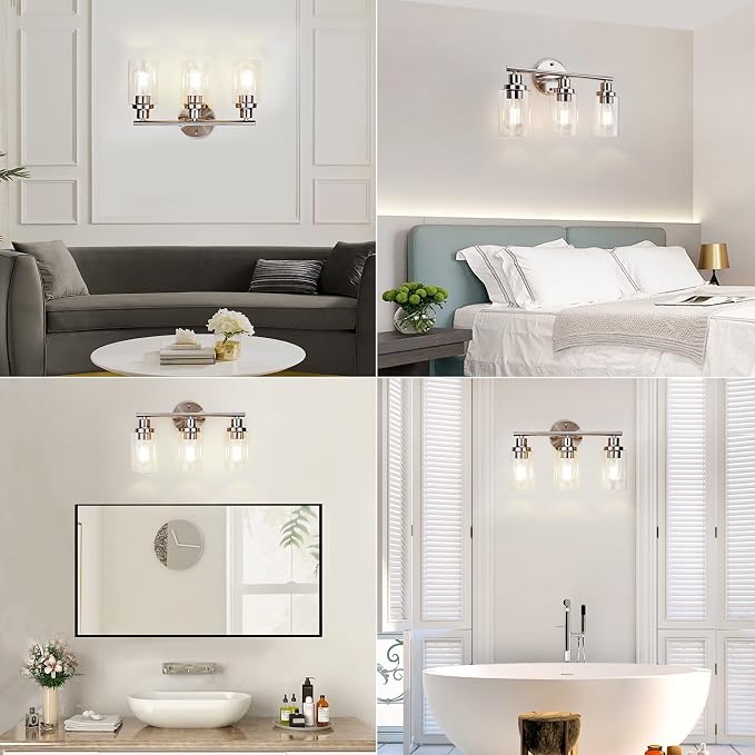 Vanity Wall Light Fixtures, Modern 3 Lights Wall Sconce with Clear Glass Shade, Brushed Nickel Farmhouse Wall Lamp for Bathroom Mirror Kitchen Porch Living Room Workshop (E26 Base) | Modern Wall Sconce with Clear Glass Shade, Brushed Nickel Farmhouse W...