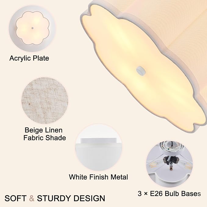 17.7" White Semi Flush Mount Ceiling Light, Linen 3-Light Fixture | White Linen Petal Shade, Modern Style For Bedroom, Hallway,Kitchen And Laundry; Close-To-Ceiling, E26, Dimmable