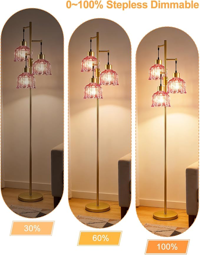 Lightdot 3-Light Flower Floor Lamps, 65'' Dimmable Floor Lamp with Rose Red Glass Shade& Bulbs Included, Mid Century Standing Lamp with 5Lbs Heavy Base for Living Room/Bedroom/Sofa Beside-Gold