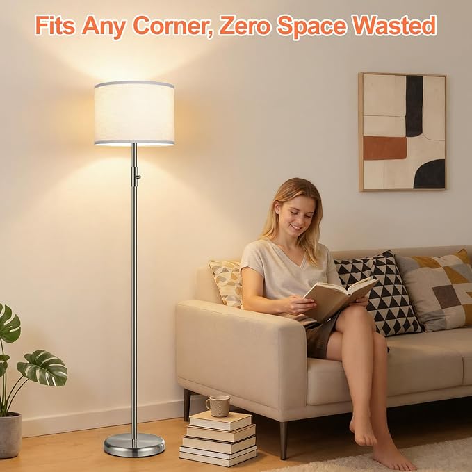 Floor Lamp Simple Design with White Shade, Small Tall Lamps for Living Room Bedroom Office Dining Room Kitchen, Sliver Pole Lamp-Sliver