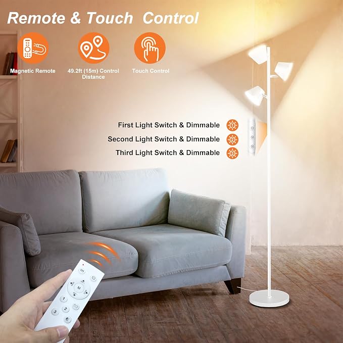 42W Tree Floor Lamp, Super Bright LED Standing Lamp with Remote, Modern Dimmable Floor Lamps,Individual Control, Rotable Head LED Lamp for Living Room Bedroom Office,White