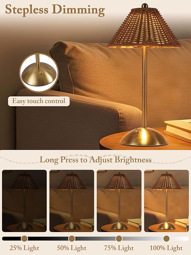 Boho Rattan Table Lamp,Wicker Night Light,LED Rechargeable Reading Lights,3 Color Touch Control Dimmable Bedside Lamps Living Room Bedroom Office Lighting Home Outdoor Decoration