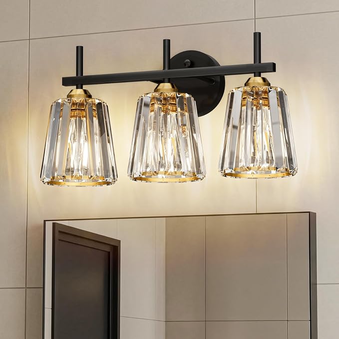 Crystal Bathroom Light Fixtures Over Mirror, Black Gold 3-Light Bathroom Vanity Lights Over Mirror Modern Wall Lighting Sconces with Ceramic E26 Base (Bulbs Not Include)