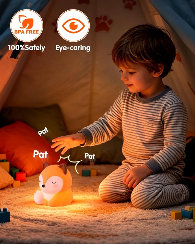 YISUN Fox Silicone LED Night Light, 3 Level Dimmable Kids Room Nursery Lamp | Soft Squishy, Rechargeable Bedside Touch Light, Novelty Animal Lamp for Boys Girls Toddlers