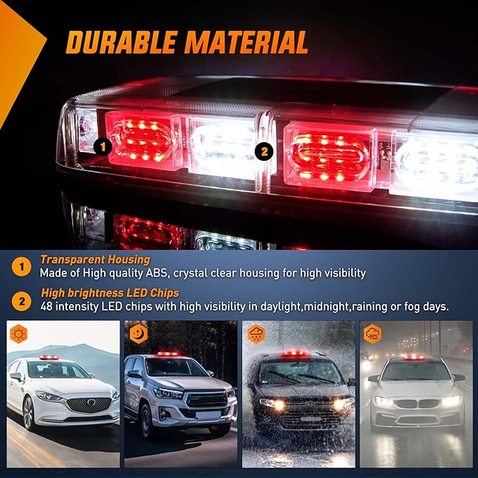 Nilight 12 Inch Roof Top Strobe Lights, 48LED Hazard Light Emergency Safety Warning LED Flashing Light Bar Magnetic Mount, 12V-24V Cars Trucks Tractors Snow Plows Construction