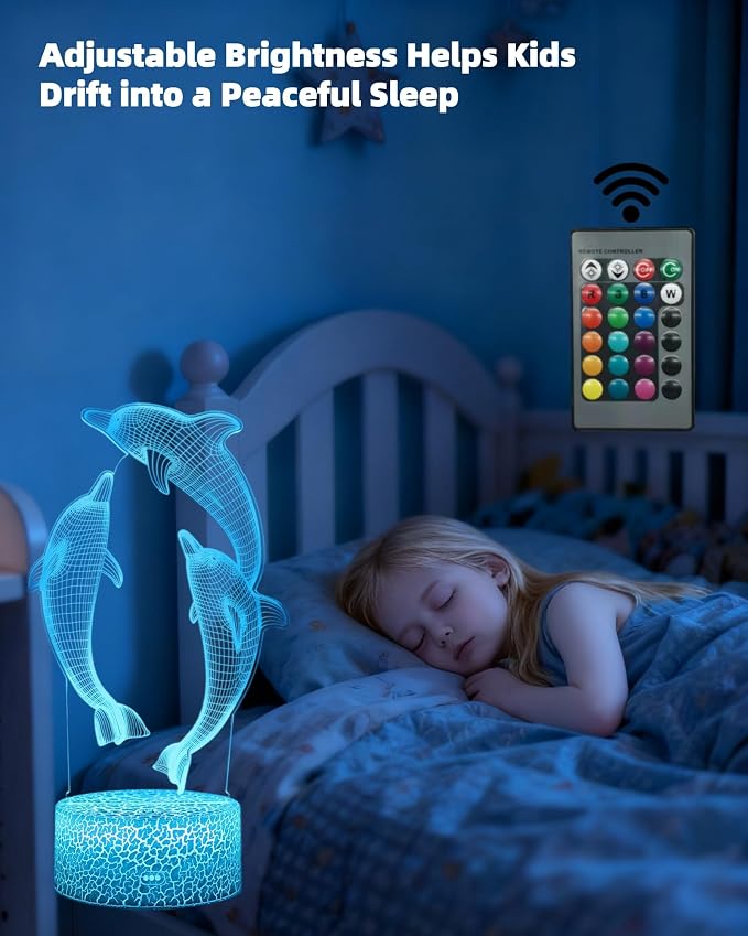 Dolphin 3D Illusion Night Light, Sea Animal Gift, 2 Patterns | 16 Colors Changing, Dimmable, Touch & Remote Control, Birthday Christmas Gift Lamp Toy for Boy Girl Toddler Kid Women