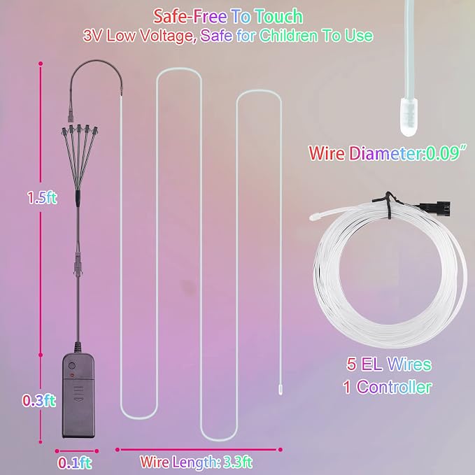EL Wire-5 in 1 Meter Portable Neon Rope Lights Strip-Wearable Battery Pack Body Lights-360°Illumination-Super Bright-Cuttable-DIY Halloween Christmas Festival Party Game Room Cosplay Costume(White)