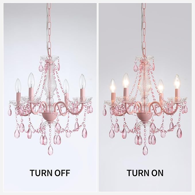 Plug in Crystal Pink Chandelier, Not acrylic Crystal,Mini 4 Lights for Girls Room,Pink Crystals Hanging Pendant Light with Clear Cord and On/Off, Chandelier for wedding, Kitchen, Dining,Foyer,Island